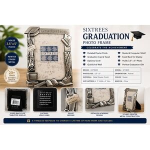 SixTrees Graduation Photo Frame Pewter Finish Metal 3.5x5 AF12835 Academic Motif